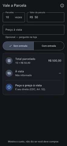 Tela do app sem preço à vista, mostrando o total parcelado e o lembrete de pedir o preço à vista ao vendedor.